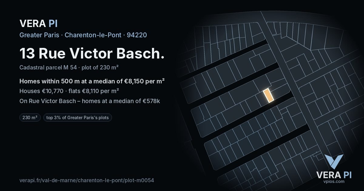 13 Rue Victor Basch, Charenton-le-Pont at night – the plot lit, the parcels around coloured by the prices near them