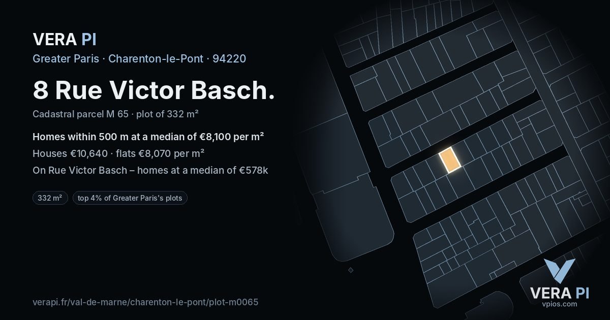 8 Rue Victor Basch, Charenton-le-Pont at night – the plot lit, the parcels around coloured by the prices near them
