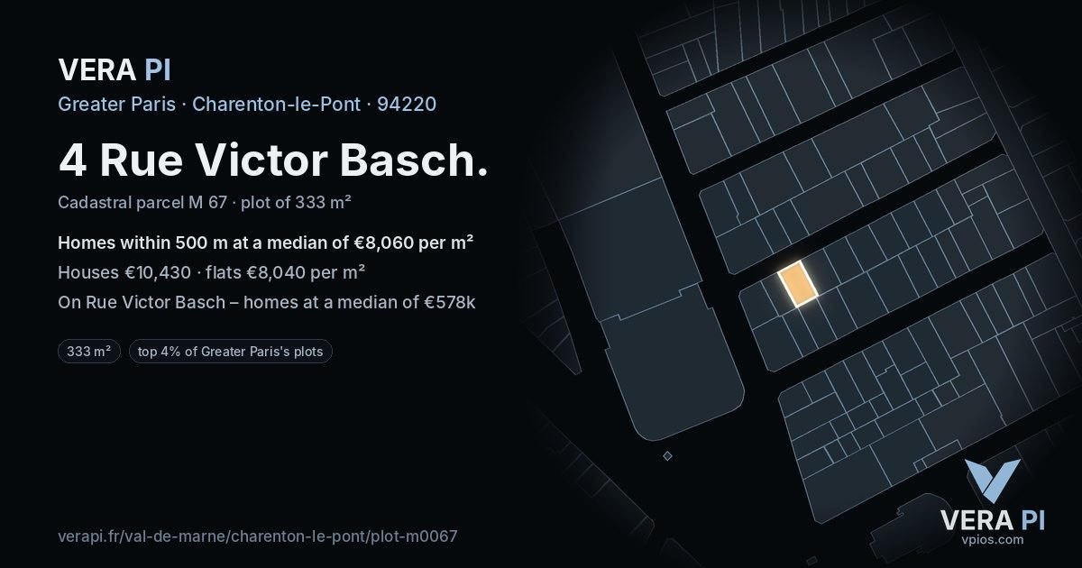 4 Rue Victor Basch, Charenton-le-Pont at night – the plot lit, the parcels around coloured by the prices near them