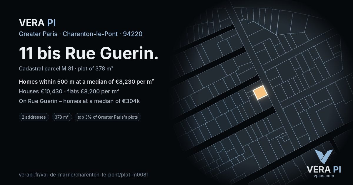 11 bis Rue Guerin, Charenton-le-Pont at night – the plot lit, the parcels around coloured by the prices near them