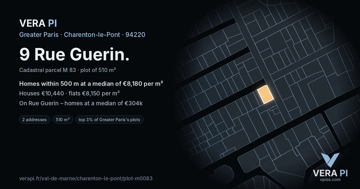 9 Rue Guerin, Charenton-le-Pont at night – the plot lit, the parcels around coloured by the prices near them