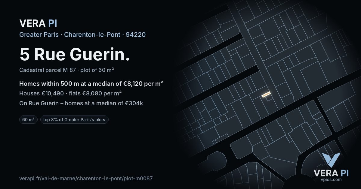 5 Rue Guerin, Charenton-le-Pont at night – the plot lit, the parcels around coloured by the prices near them