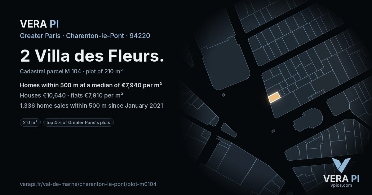 2 Villa des Fleurs, Charenton-le-Pont at night – the plot lit, the parcels around coloured by the prices near them
