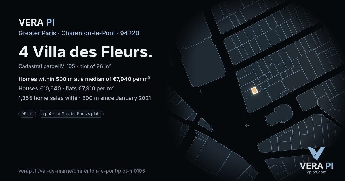 4 Villa des Fleurs, Charenton-le-Pont at night – the plot lit, the parcels around coloured by the prices near them