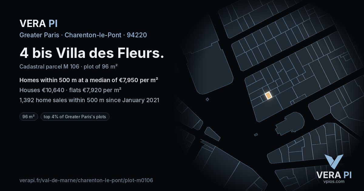 4 bis Villa des Fleurs, Charenton-le-Pont at night – the plot lit, the parcels around coloured by the prices near them