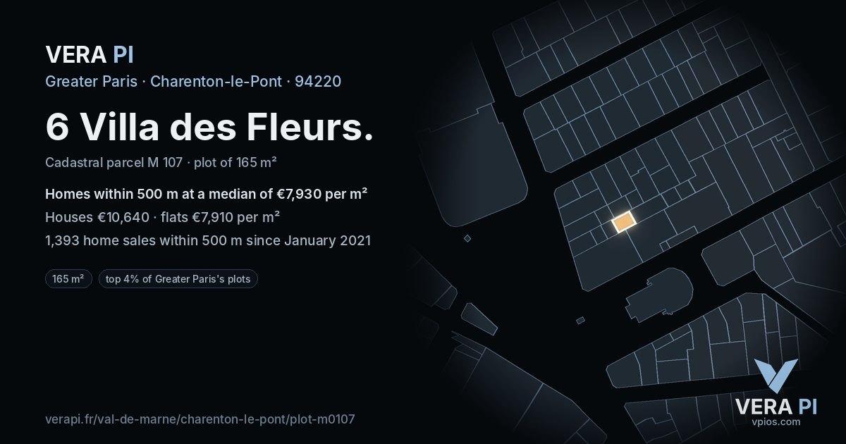 6 Villa des Fleurs, Charenton-le-Pont at night – the plot lit, the parcels around coloured by the prices near them