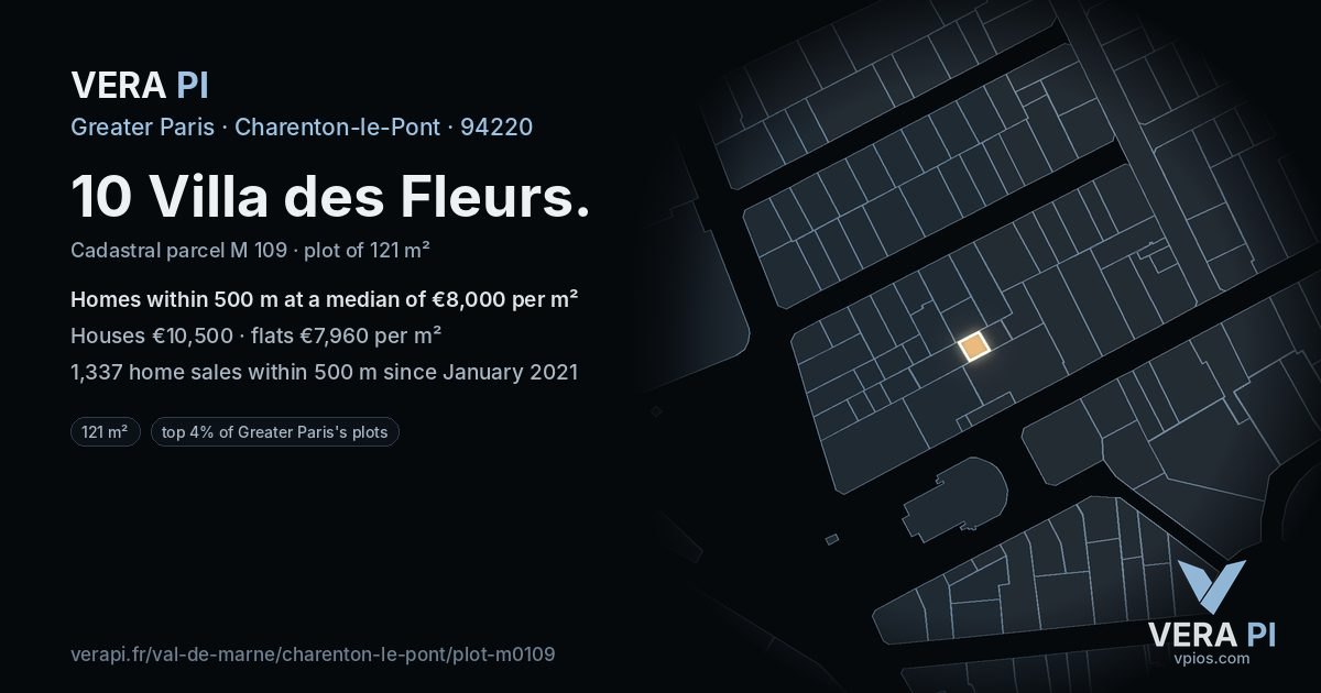 10 Villa des Fleurs, Charenton-le-Pont at night – the plot lit, the parcels around coloured by the prices near them