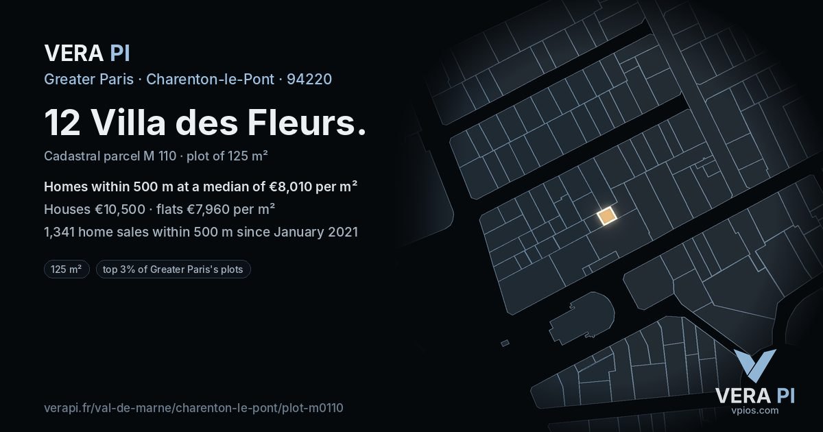 12 Villa des Fleurs, Charenton-le-Pont at night – the plot lit, the parcels around coloured by the prices near them