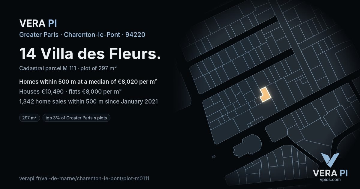 14 Villa des Fleurs, Charenton-le-Pont at night – the plot lit, the parcels around coloured by the prices near them