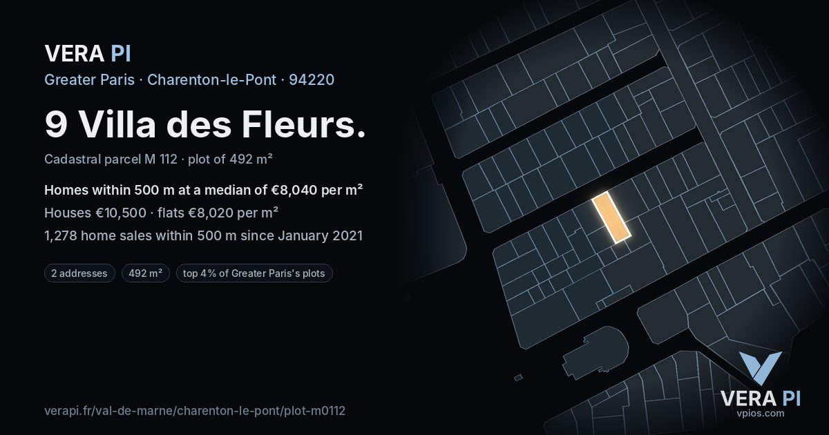 9 Villa des Fleurs, Charenton-le-Pont at night – the plot lit, the parcels around coloured by the prices near them