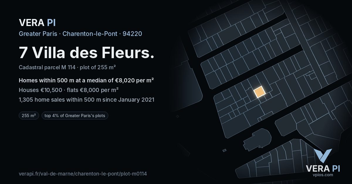 7 Villa des Fleurs, Charenton-le-Pont at night – the plot lit, the parcels around coloured by the prices near them