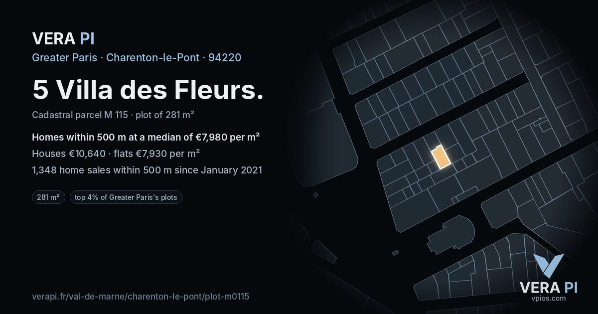 5 Villa des Fleurs, Charenton-le-Pont at night – the plot lit, the parcels around coloured by the prices near them
