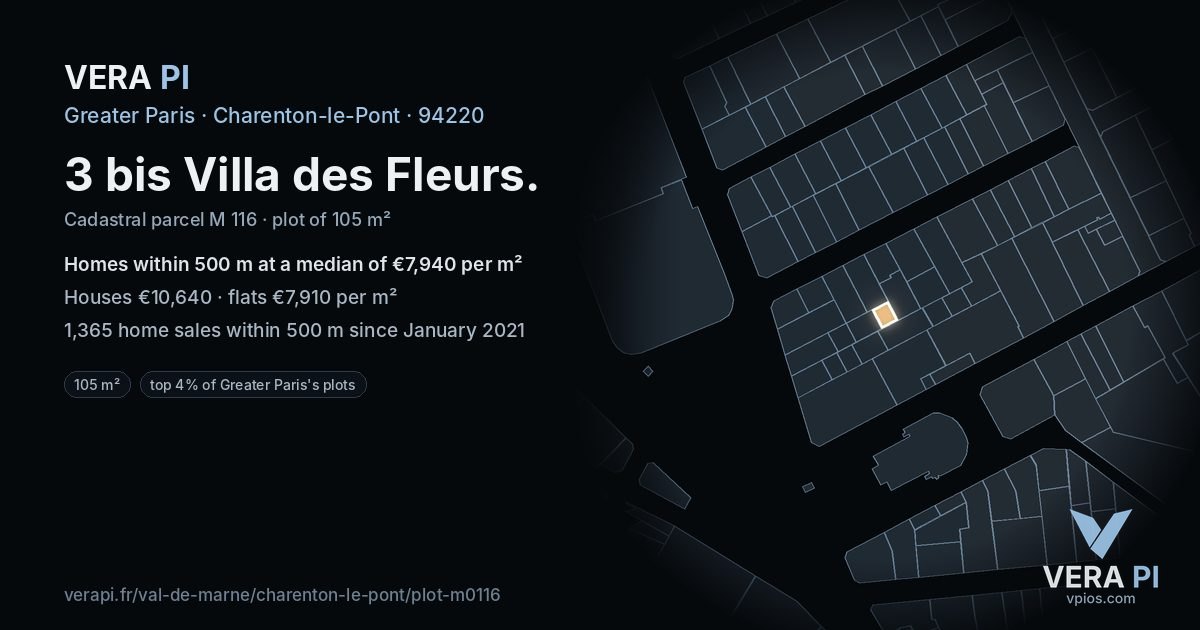 3 bis Villa des Fleurs, Charenton-le-Pont at night – the plot lit, the parcels around coloured by the prices near them