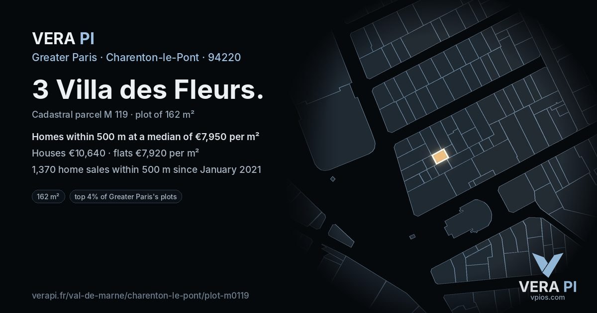 3 Villa des Fleurs, Charenton-le-Pont at night – the plot lit, the parcels around coloured by the prices near them