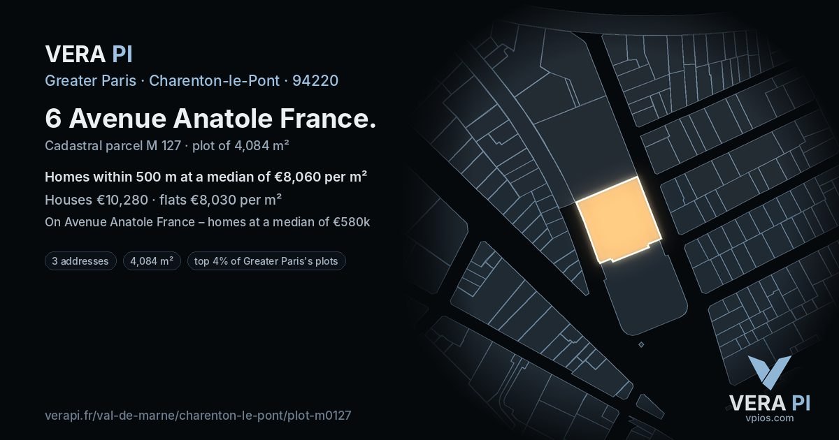 6 Avenue Anatole France, Charenton-le-Pont at night – the plot lit, the parcels around coloured by the prices near them