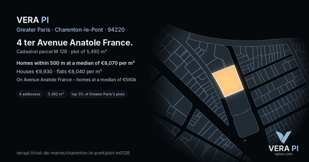 4 ter Avenue Anatole France, Charenton-le-Pont at night – the plot lit, the parcels around coloured by the prices near them