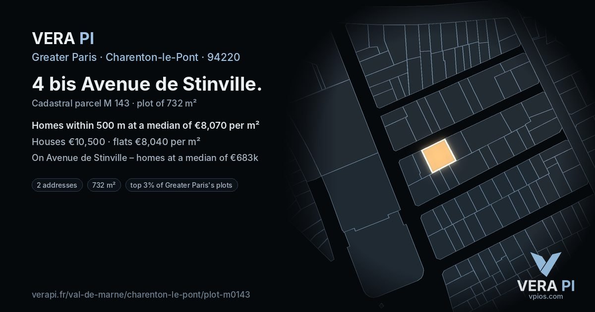 4 bis Avenue de Stinville, Charenton-le-Pont at night – the plot lit, the parcels around coloured by the prices near them