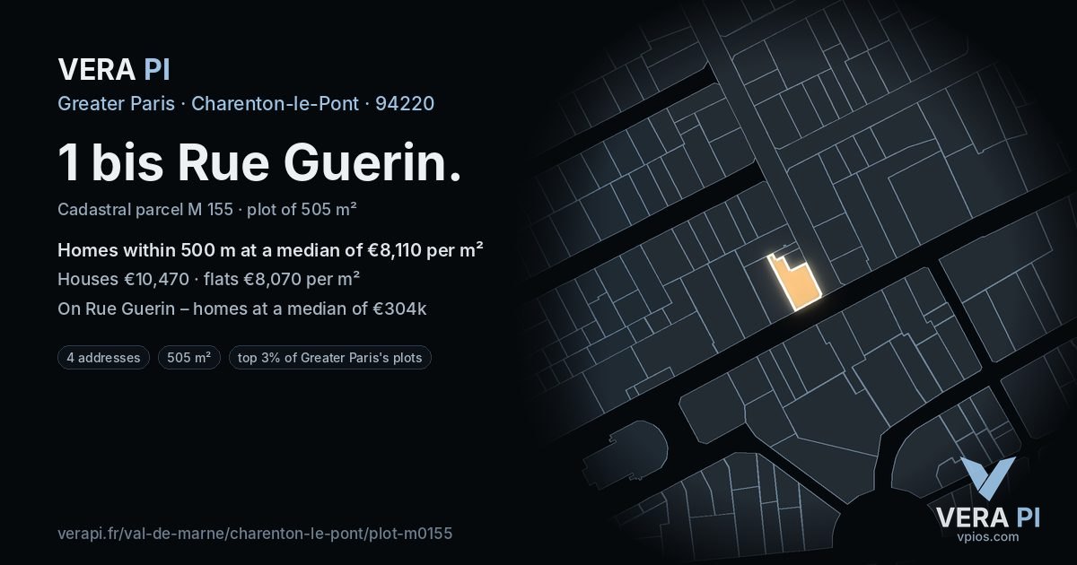 1 bis Rue Guerin, Charenton-le-Pont at night – the plot lit, the parcels around coloured by the prices near them