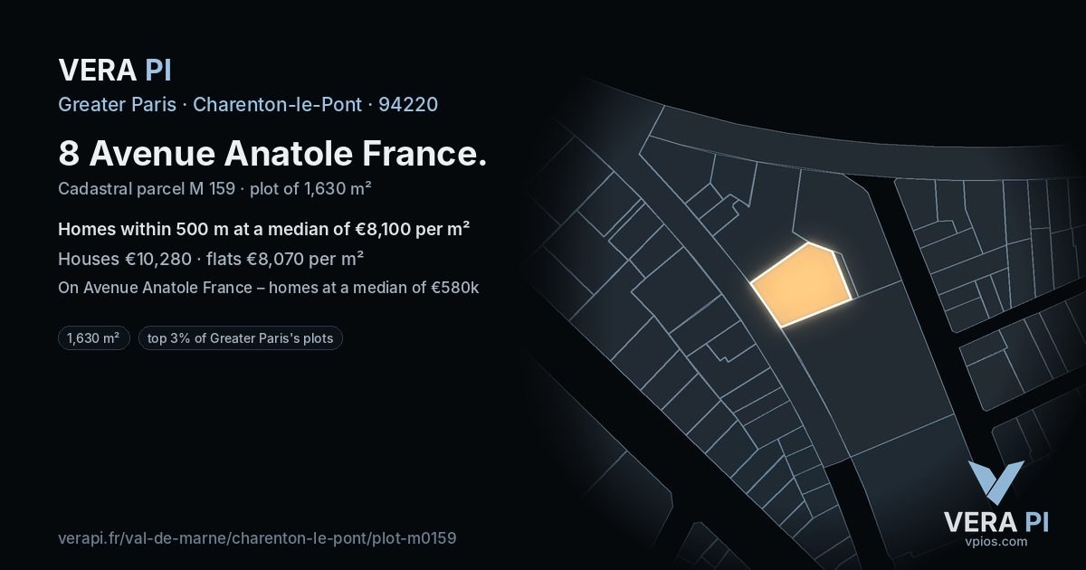 8 Avenue Anatole France, Charenton-le-Pont at night – the plot lit, the parcels around coloured by the prices near them