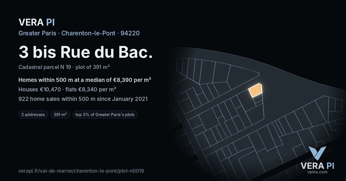3 bis Rue du Bac, Charenton-le-Pont at night – the plot lit, the parcels around coloured by the prices near them