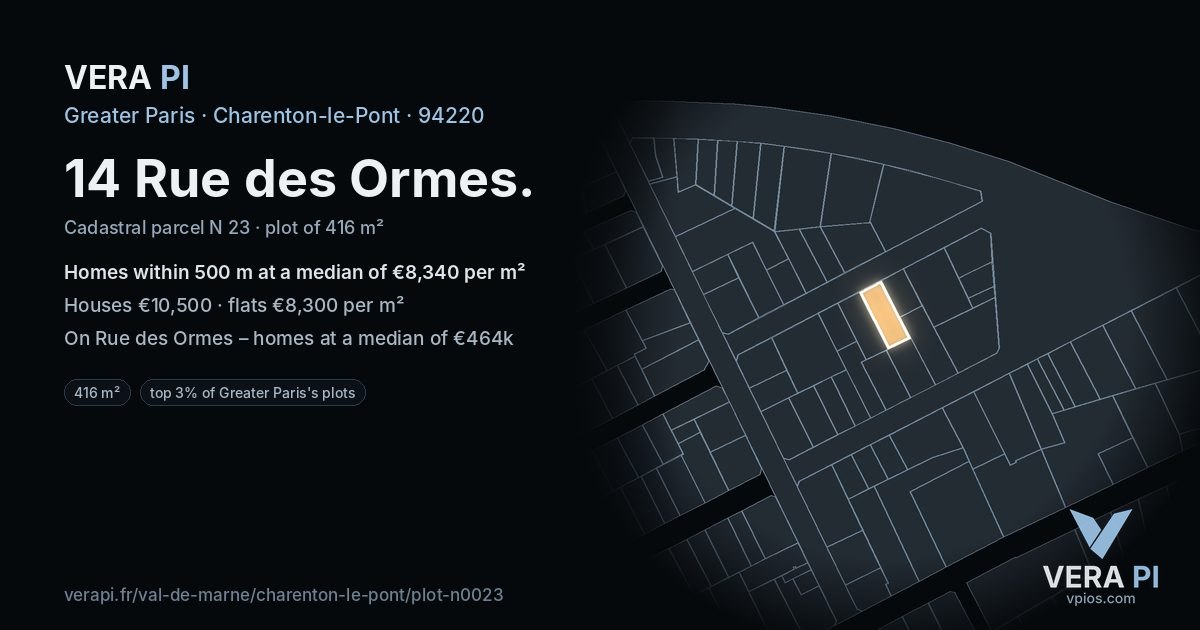 14 Rue des Ormes, Charenton-le-Pont at night – the plot lit, the parcels around coloured by the prices near them