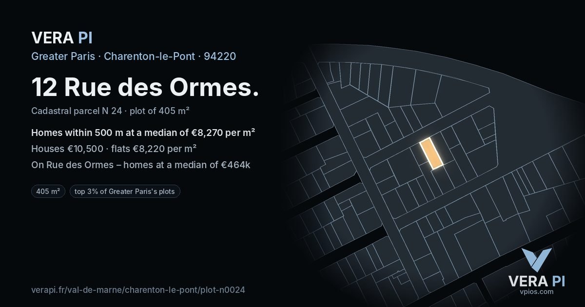 12 Rue des Ormes, Charenton-le-Pont at night – the plot lit, the parcels around coloured by the prices near them