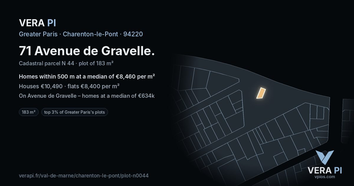 71 Avenue de Gravelle, Charenton-le-Pont at night – the plot lit, the parcels around coloured by the prices near them