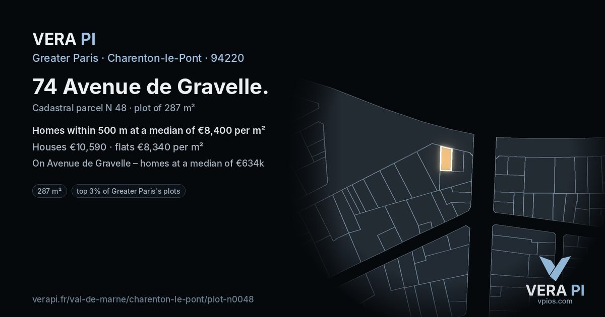 74 Avenue de Gravelle, Charenton-le-Pont at night – the plot lit, the parcels around coloured by the prices near them