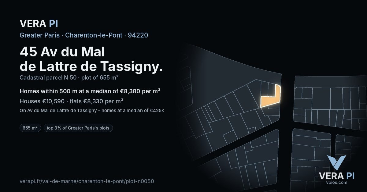 45 Av du Mal de Lattre de Tassigny, Charenton-le-Pont at night – the plot lit, the parcels around coloured by the prices near them