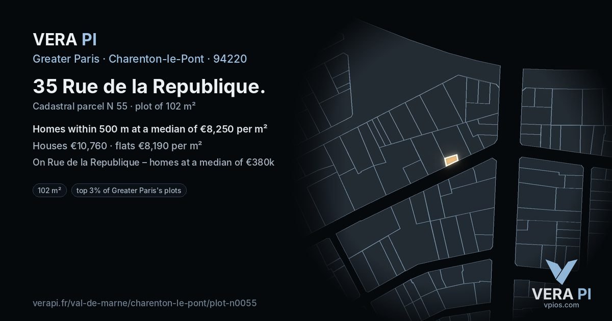35 Rue de la Republique, Charenton-le-Pont at night – the plot lit, the parcels around coloured by the prices near them