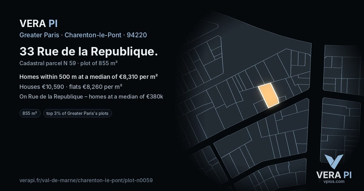 33 Rue de la Republique, Charenton-le-Pont at night – the plot lit, the parcels around coloured by the prices near them