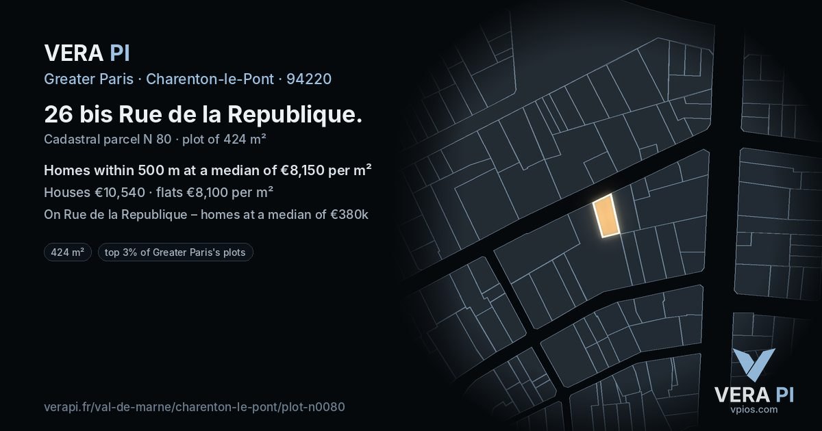 26 bis Rue de la Republique, Charenton-le-Pont at night – the plot lit, the parcels around coloured by the prices near them