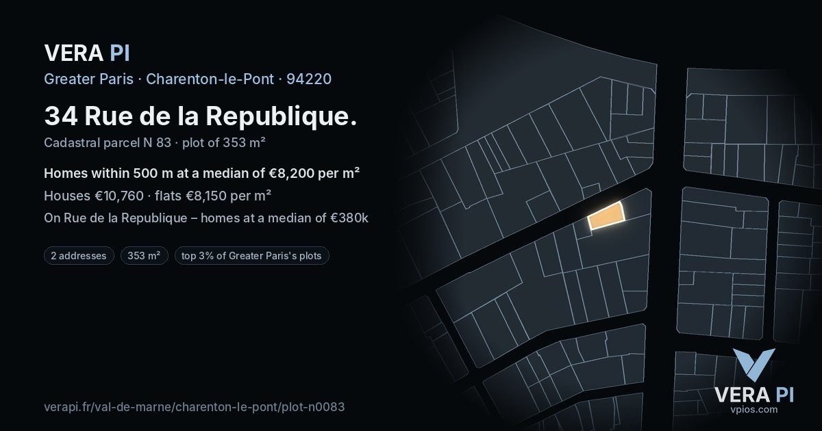 34 Rue de la Republique, Charenton-le-Pont at night – the plot lit, the parcels around coloured by the prices near them