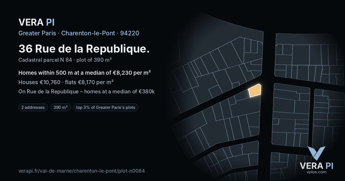 36 Rue de la Republique, Charenton-le-Pont at night – the plot lit, the parcels around coloured by the prices near them