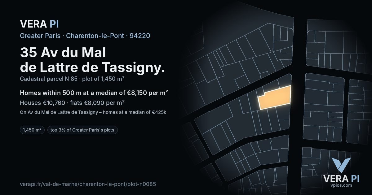 35 Av du Mal de Lattre de Tassigny, Charenton-le-Pont at night – the plot lit, the parcels around coloured by the prices near them