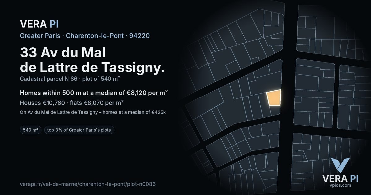 33 Av du Mal de Lattre de Tassigny, Charenton-le-Pont at night – the plot lit, the parcels around coloured by the prices near them
