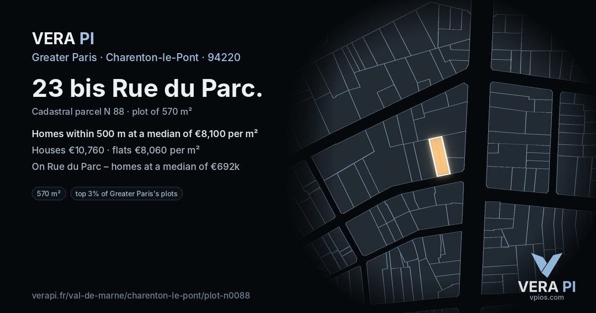 23 bis Rue du Parc, Charenton-le-Pont at night – the plot lit, the parcels around coloured by the prices near them