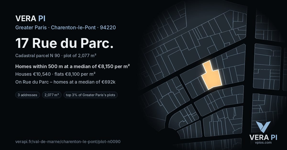17 Rue du Parc, Charenton-le-Pont at night – the plot lit, the parcels around coloured by the prices near them