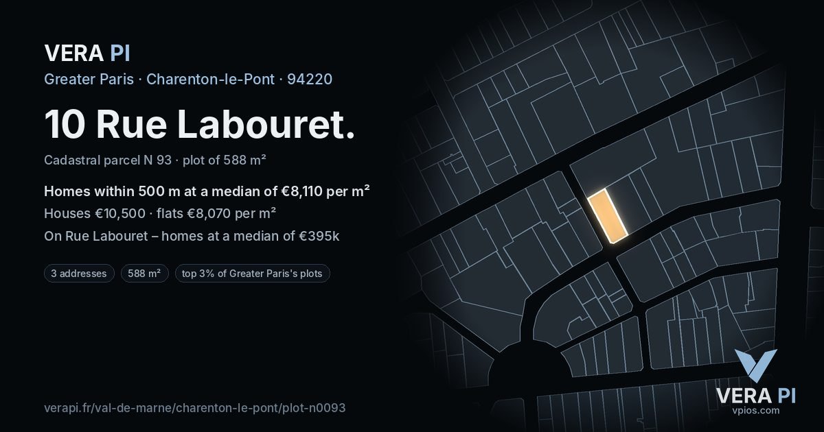 10 Rue Labouret, Charenton-le-Pont at night – the plot lit, the parcels around coloured by the prices near them