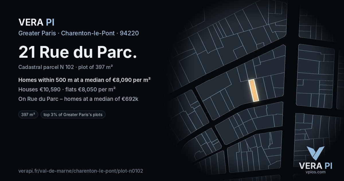 21 Rue du Parc, Charenton-le-Pont at night – the plot lit, the parcels around coloured by the prices near them