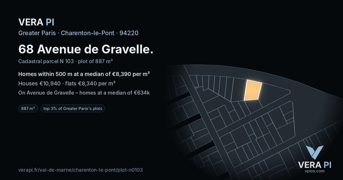 68 Avenue de Gravelle, Charenton-le-Pont at night – the plot lit, the parcels around coloured by the prices near them