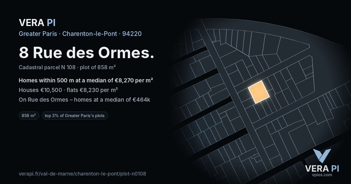 8 Rue des Ormes, Charenton-le-Pont at night – the plot lit, the parcels around coloured by the prices near them