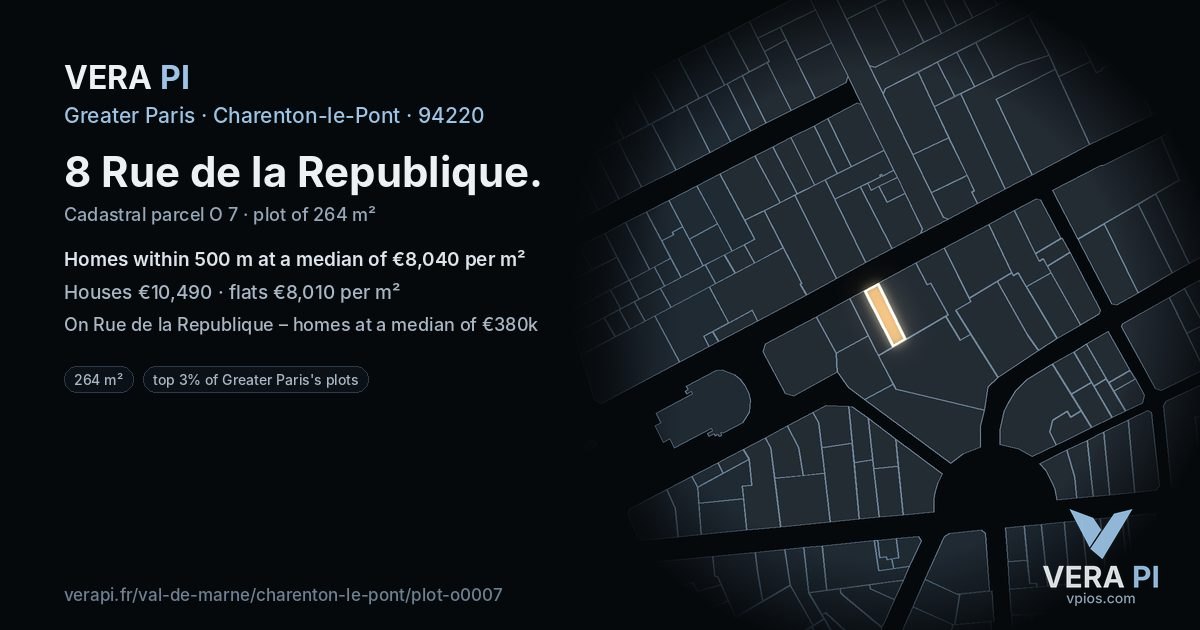 8 Rue de la Republique, Charenton-le-Pont at night – the plot lit, the parcels around coloured by the prices near them