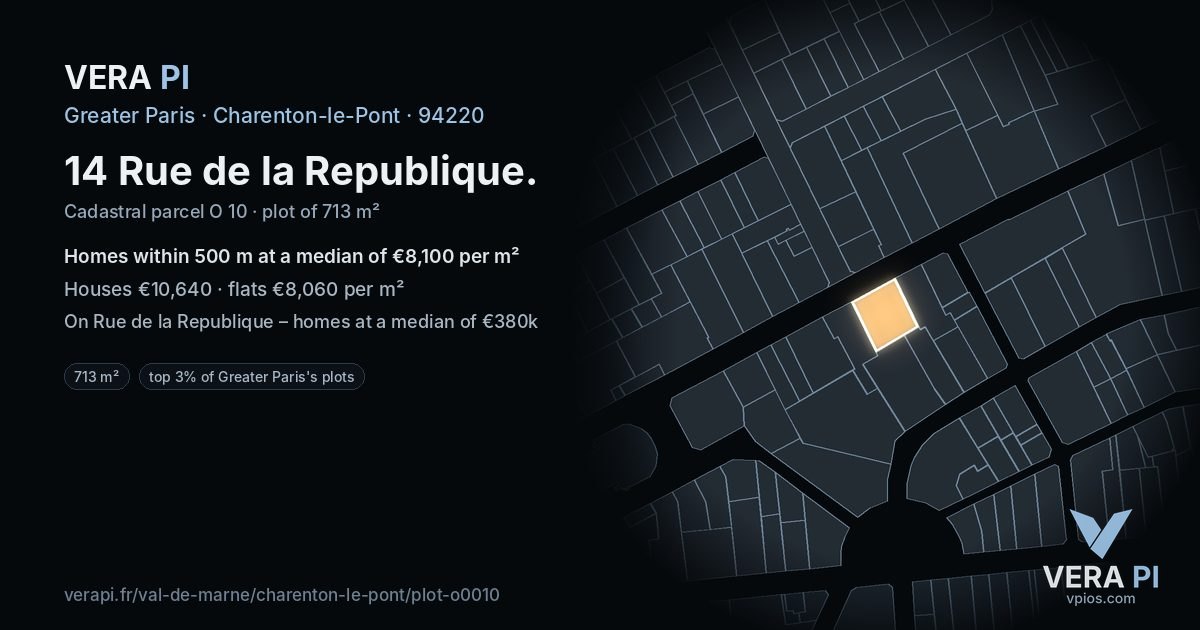 14 Rue de la Republique, Charenton-le-Pont at night – the plot lit, the parcels around coloured by the prices near them