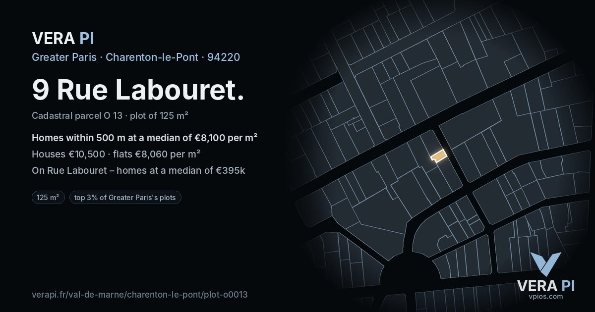 9 Rue Labouret, Charenton-le-Pont at night – the plot lit, the parcels around coloured by the prices near them