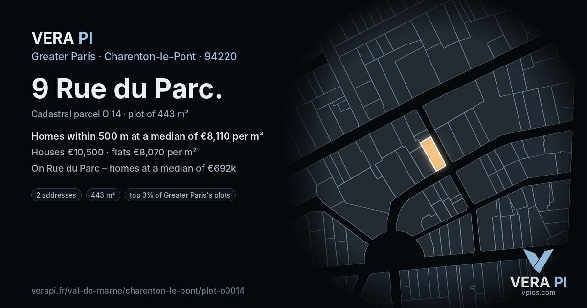 9 Rue du Parc, Charenton-le-Pont at night – the plot lit, the parcels around coloured by the prices near them