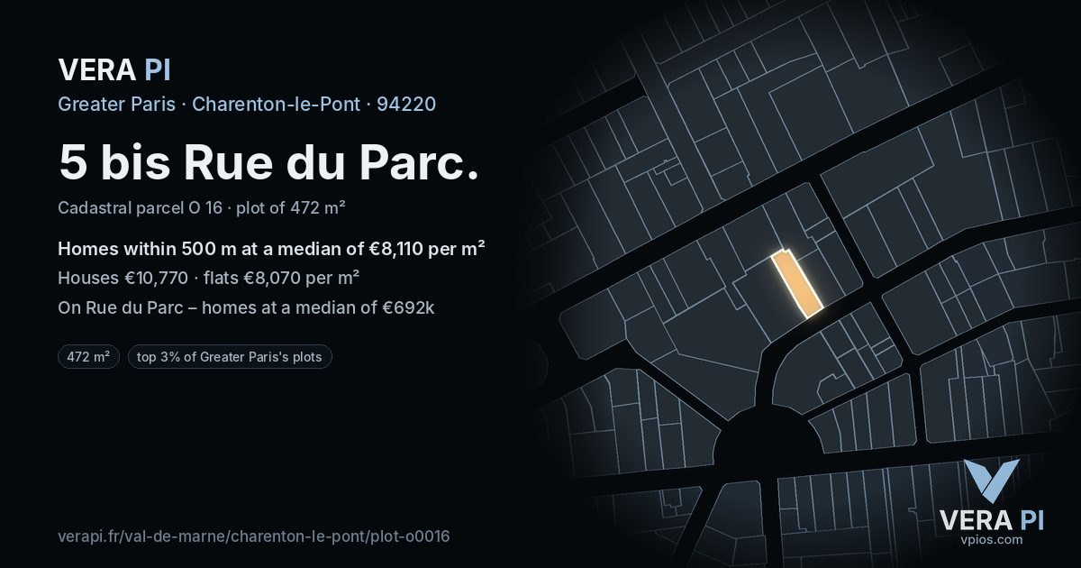 5 bis Rue du Parc, Charenton-le-Pont at night – the plot lit, the parcels around coloured by the prices near them