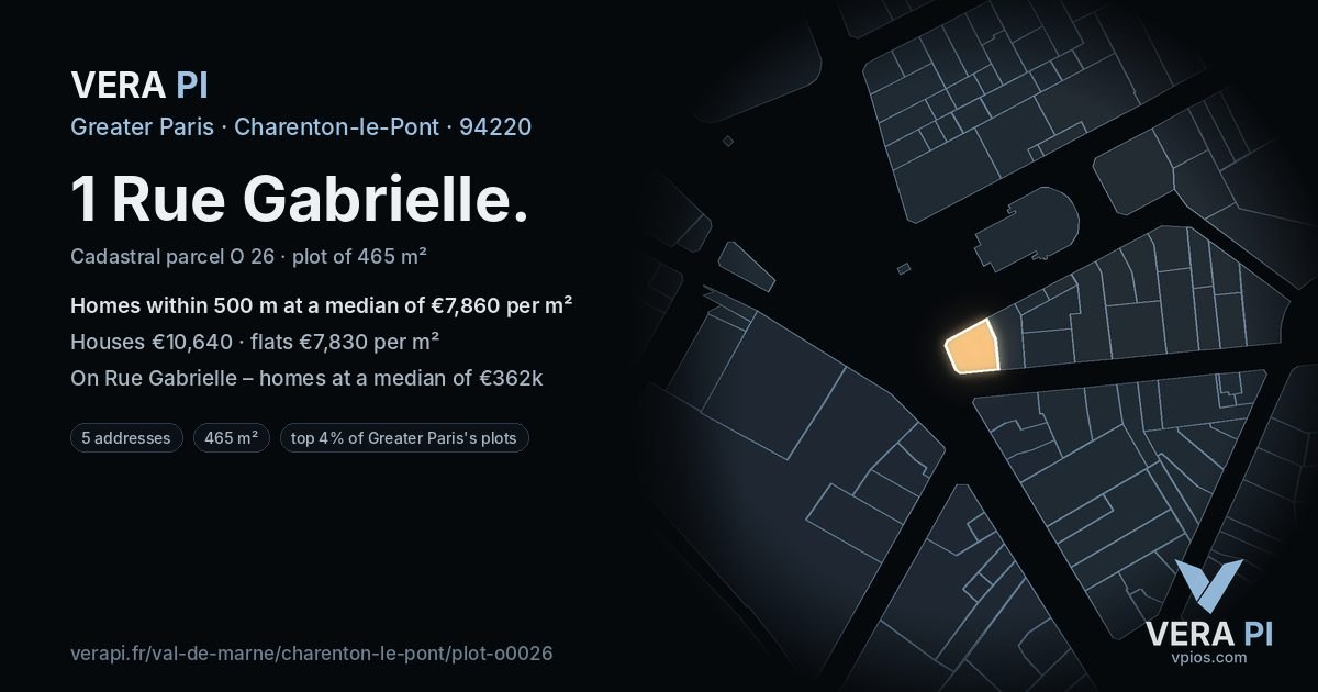 1 Rue Gabrielle, Charenton-le-Pont at night – the plot lit, the parcels around coloured by the prices near them