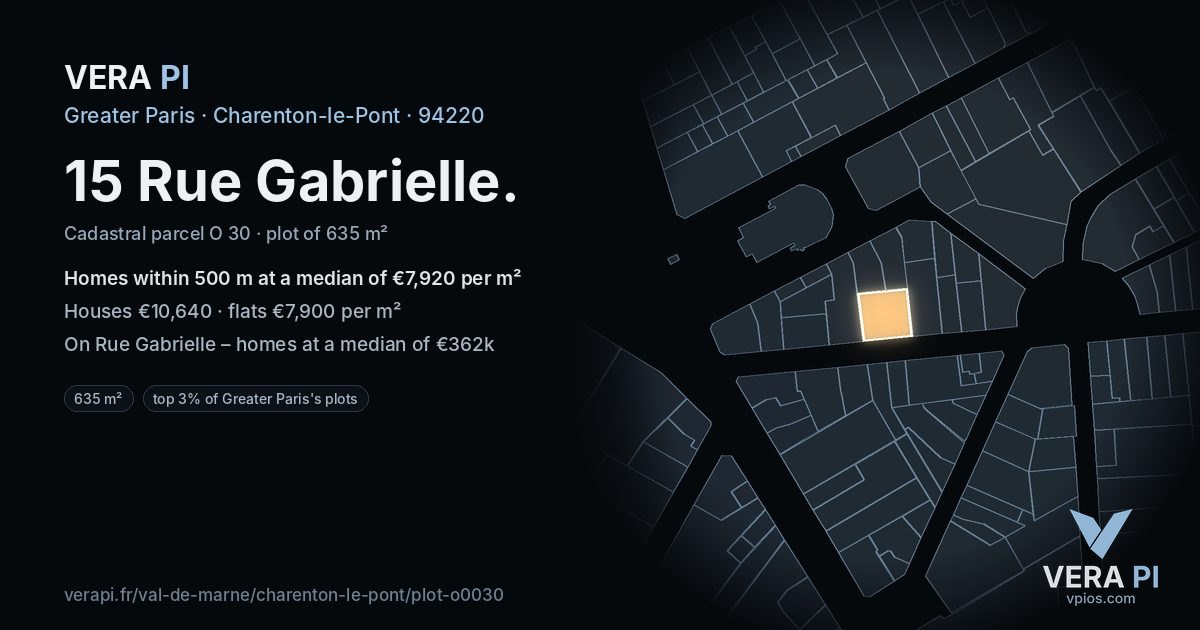 15 Rue Gabrielle, Charenton-le-Pont at night – the plot lit, the parcels around coloured by the prices near them