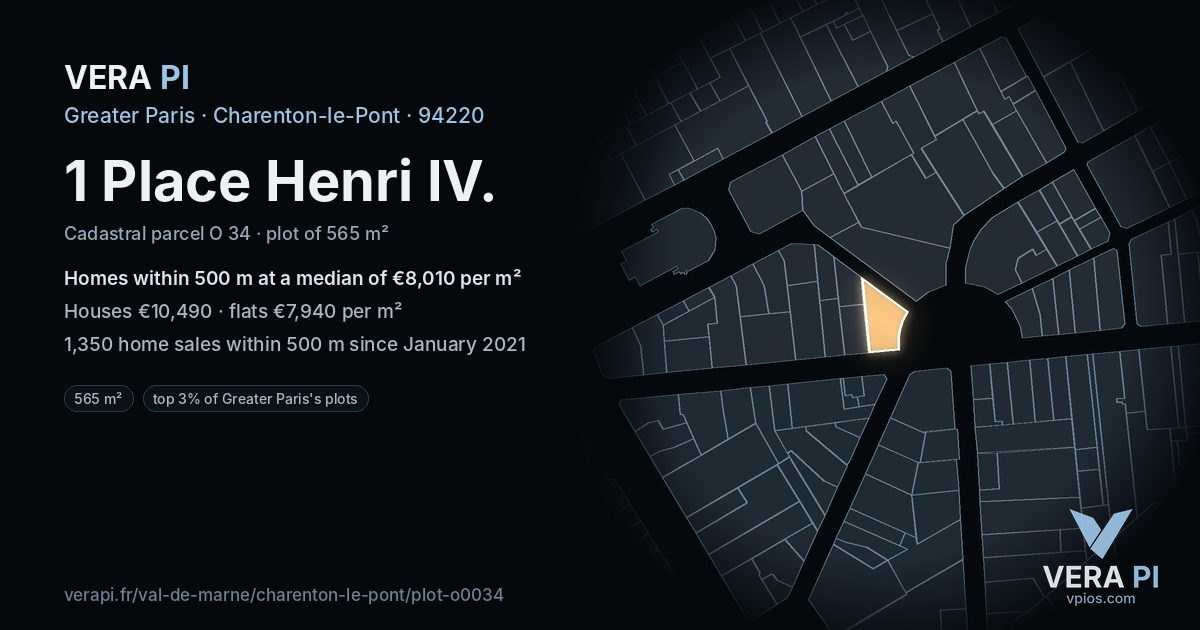 1 Place Henri IV, Charenton-le-Pont at night – the plot lit, the parcels around coloured by the prices near them